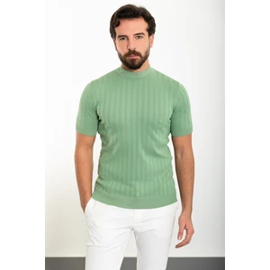 Çizgili Açık Yeşil Slim Fit Yarım Balıkçı Yaka Erkek Triko T-Shirt