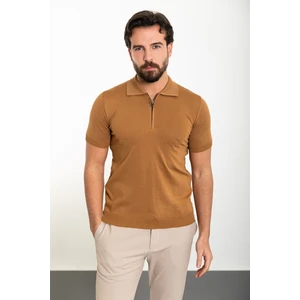 Düz Kamel Slim Fit Fermuarlı Polo Yaka Erkek Triko T-Shirt