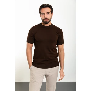 Düz Kahverengi Slim Fit Bisiklet Yaka Erkek Triko T-Shirt
