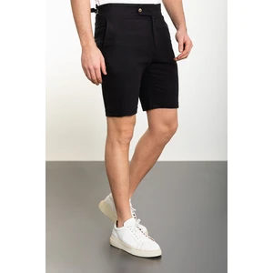 Düz Siyah Super Slim Fit Kemerli Keten Erkek Şort