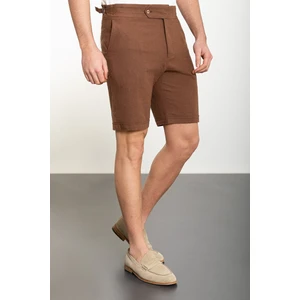 Düz Kamel Super Slim Fit Kemerli Keten Erkek Şort