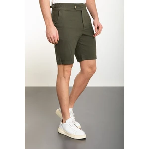 Düz Haki Super Slim Fit Kemerli Keten Erkek Şort