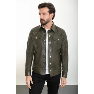 Düz Haki Slim Fit Gömlek Yaka Suni Deri Erkek Mont