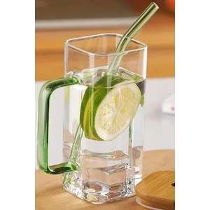 Gilli Store Bambu Kapaklı Borosilikat Renkli Pipetli Cam Bardak Kahve Sunum Isıya Dayanıklı 350ML