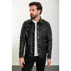 Düz Siyah Slim Fit Gömlek Yaka Suni Deri Erkek Mont