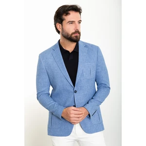 Kırçıllı Mavi Slim Fit Torba Cep Mono Yaka Keten Erkek Ceket