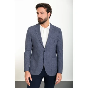 Kırçıllı Lacivert Slim Fit Torba Cep Mono Yaka Keten Erkek Ceket
