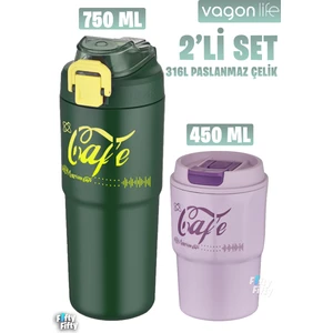 2'li Çelik Termos-Kahve Bardağı Seti 750ML Çift Kullanım Termos//450ML Mug Kahve Bardağı