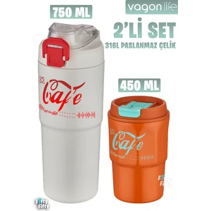 2'li Çelik Termos-Kahve Bardağı Seti 750ML Çift Kullanım Termos//450ML Mug Kahve Bardağı