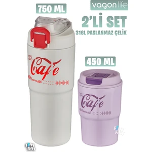 2'li Çelik Termos-Kahve Bardağı Seti 750ML Çift Kullanım Termos//450ML Mug Kahve Bardağı