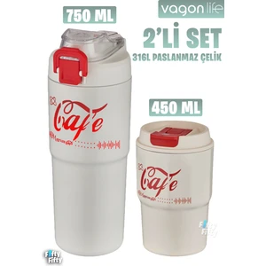 2'li Çelik Termos-Kahve Bardağı Seti 750ML Çift Kullanım Termos//450ML Mug Kahve Bardağı