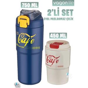 2'li Çelik Termos-Kahve Bardağı Seti 750ML Çift Kullanım Termos//450ML Mug Kahve Bardağı