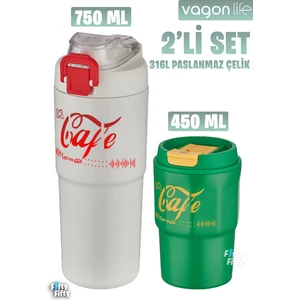 2'li Çelik Termos-Kahve Bardağı Seti 750ML Çift Kullanım Termos//450ML Mug Kahve Bardağı