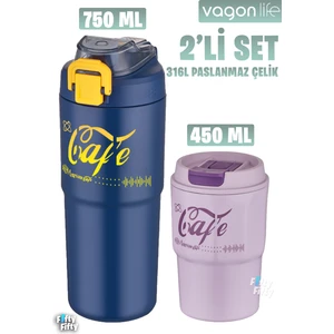 2'li Çelik Termos-Kahve Bardağı Seti 750ML Çift Kullanım Termos//450ML Mug Kahve Bardağı