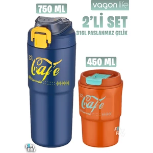 2'li Çelik Termos-Kahve Bardağı Seti 750ML Çift Kullanım Termos//450ML Mug Kahve Bardağı
