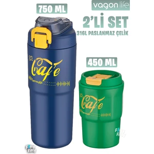 2'li Çelik Termos-Kahve Bardağı Seti 750ML Çift Kullanım Termos//450ML Mug Kahve Bardağı
