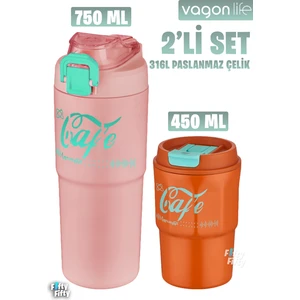 2'li Çelik Termos-Kahve Bardağı Seti 750ML Çift Kullanım Termos//450ML Mug Kahve Bardağı