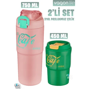 2'li Çelik Termos-Kahve Bardağı Seti 750ML Çift Kullanım Termos//450ML Mug Kahve Bardağı