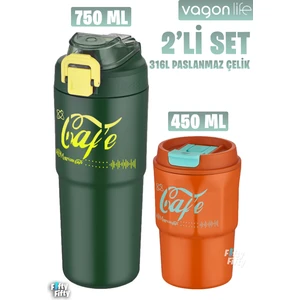 2'li Çelik Termos-Kahve Bardağı Seti 750ML Çift Kullanım Termos//450ML Mug Kahve Bardağı