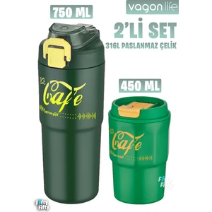 2'li Çelik Termos-Kahve Bardağı Seti 750ML Çift Kullanım Termos//450ML Mug Kahve Bardağı