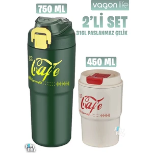 2'li Çelik Termos-Kahve Bardağı Seti 750ML Çift Kullanım Termos//450ML Mug Kahve Bardağı