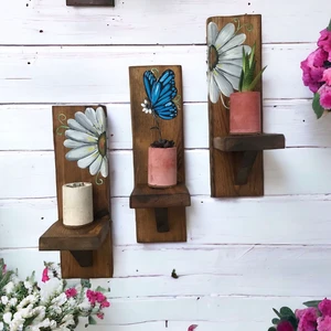 Dükkanı Hayalim Ahşap 3'Lü Dekoratif Duvar Rafı Duvar Dekoru Duvar Çiçekliği