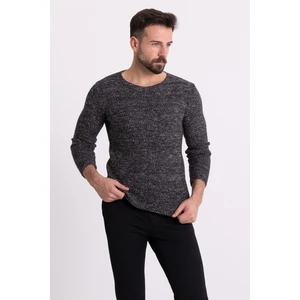 Kırçıllı Siyah Renk Slim Fit Uzun Kollu Geniş Bisiklet Yaka Erkek Kazak