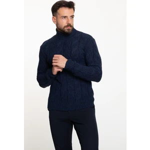 Örgülü Lacivert Renk Slim Fit Tam Balıkçı Yaka Yün Erkek Kazak