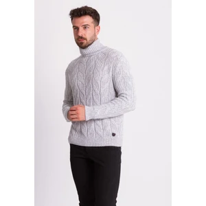 Örgülü Açık Gri Rengi Slim Fit Tam Balıkçı Yaka Yün Erkek Kazak