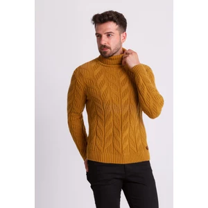 Örgülü Tütün Rengi Slim Fit Erkek Tam Balıkçı Yaka Yün Kazak