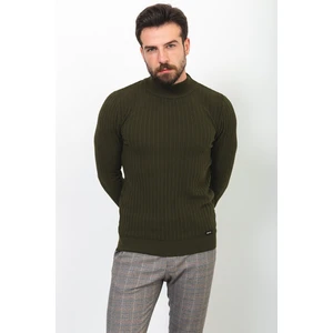 Çizgili Haki Rengi Slim Fit Yarım Balıkçı Yaka Yün Erkek Kazak