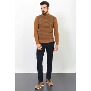 Kareli Kamel Rengi Slim Fit Yarım Balıkçı Yaka Erkek Kazak