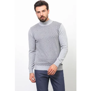 Kareli Gri Renk Slim Fit Yarım Balıkçı Yaka Erkek Kazak