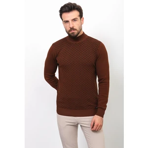 Kareli Kiremit Rengi Slim Fit Yarım Balıkçı Yaka Erkek Kazak