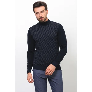 Kareli Lacivert Renk Slim Fit Yarım Balıkçı Yaka Erkek Kazak