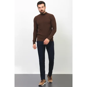 Çizgili Kahverengi Slim Fit Yarım Balıkçı Yaka Yün Erkek Kazak