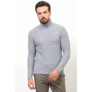 Örgü Desenli Gri Renk Slim Fit Tam Balıkçı Yaka Yün Erkek Kazak