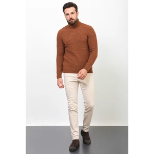 Örgü Desenli Tütün Rengi Slim Fit Tam Balıkçı Yaka Yün Erkek Kazak