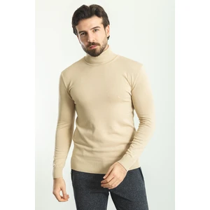 Düz Bej Rengi Slim Fit Tam Balıkçı Yaka Erkek Kazak