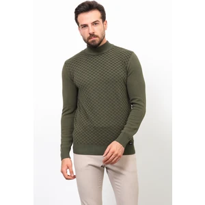 Kareli Haki Rengi Slim Fit Yarım Balıkçı Yaka Erkek Kazak