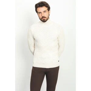 Desenli Bej Rengi Slim Fit Tam Balıkçı Yaka Yün Erkek Kazak