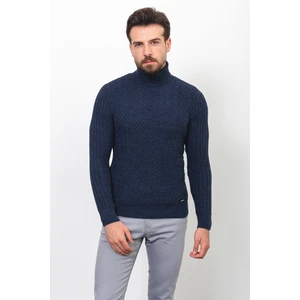 Desenli Lacivert Renk Slim Fit Tam Balıkçı Yaka Yün Erkek Kazak