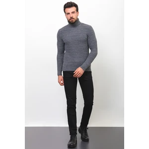 Örgü Desenli Koyu Gri Slim Fit Tam Balıkçı Yaka Yün Erkek Kazak