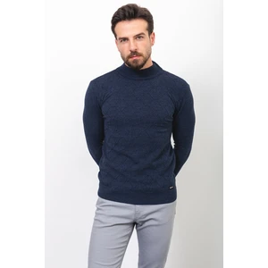Desenli Lacivert Renk Slim Fit Yarım Balıkçı Yaka Yün Erkek Kazak