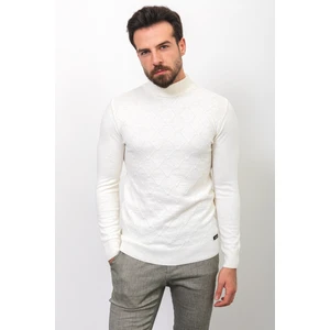 Desenli Beyaz Renk Slim Fit Yarım Balıkçı Yaka Yün Erkek Kazak