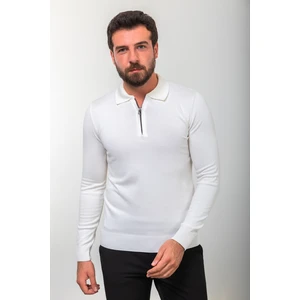 Düz Ekru Slim Fit Fermuarlı Polo Yaka Erkek Triko Kazak