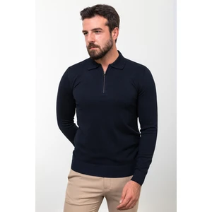 Düz Lacivert Slim Fit Fermuarlı Polo Yaka Erkek Triko Kazak
