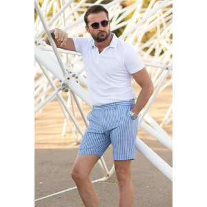 Çizgili Saks Rengi Super Slim Fit Keten Erkek Şort