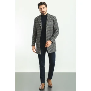 Desenli Lacivert Renk Slim Fit Geniş Yaka Yün Erkek Kaban