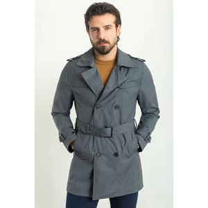 Düz Antrasit Rengi Slim Fit Kruvaze Kemerli Erkek Trenchcoat